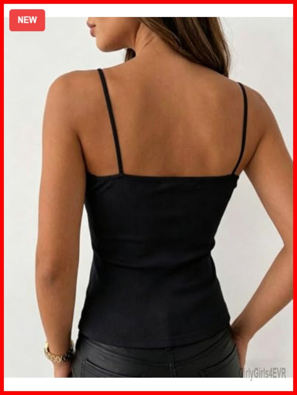 Built-in Bra Cami Tank Top Lace Trim Spaghetti Straps Slim Fit Ribbed Tops - Picture 3 of 7